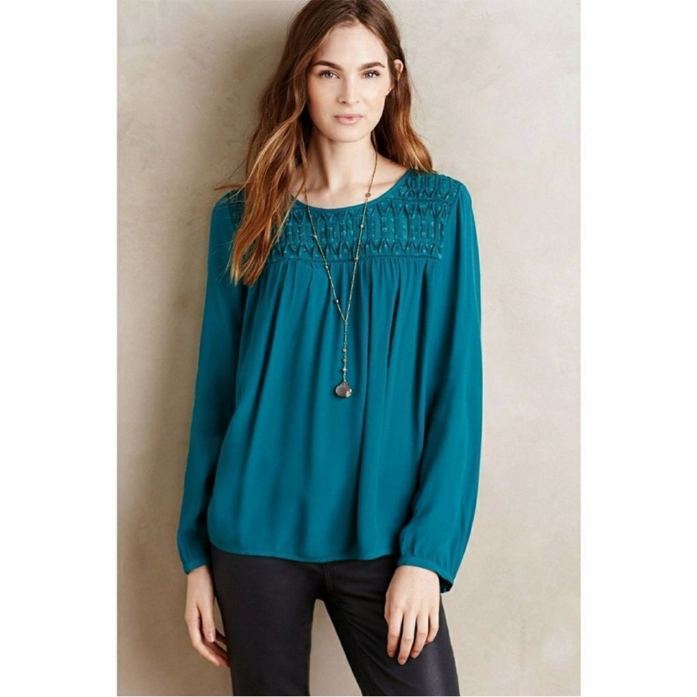 Anthropologie Meadow Rue Teal Green Crochet LS Blouse XS
